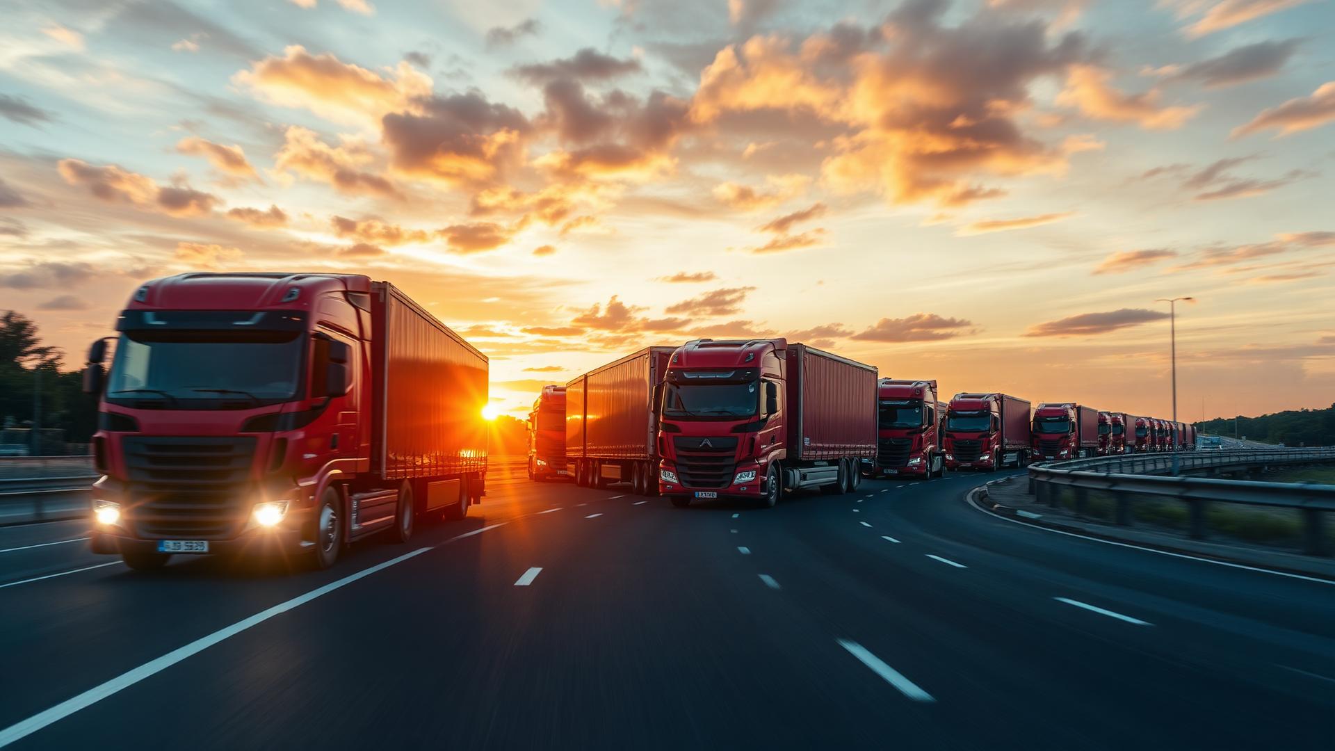 Frota de caminhões TransZandoná em rodovia ao entardecer